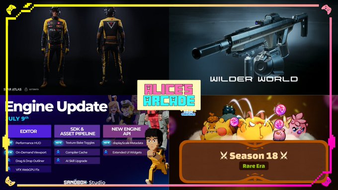 A collage featuring gaming content, including Atlas game assets, a SandboX Studio Engine Update, Alice's Arcade Season 18, and Wilder World merchandise.