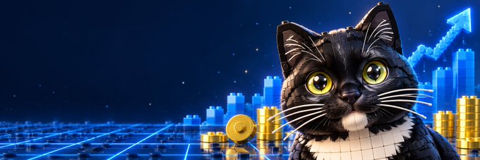 A digital illustration shows a black and white cat wearing a Bitcoin symbol, set against a blue background with a rising stock chart and gold coins.