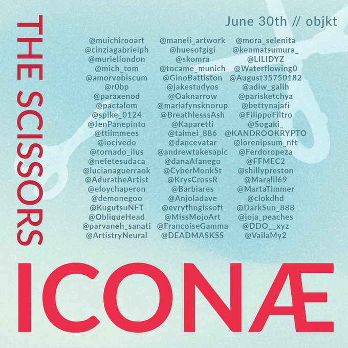 The image features a poster for an event called "The Scissors" that takes place on June 30th at a venue named "OBJET". The poster includes information about the event, such as the date, time, location, and various social media handles of people who have tagged them in their posts. There are also several names listed below the main text, possibly indicating the names or roles of some of the attendees.