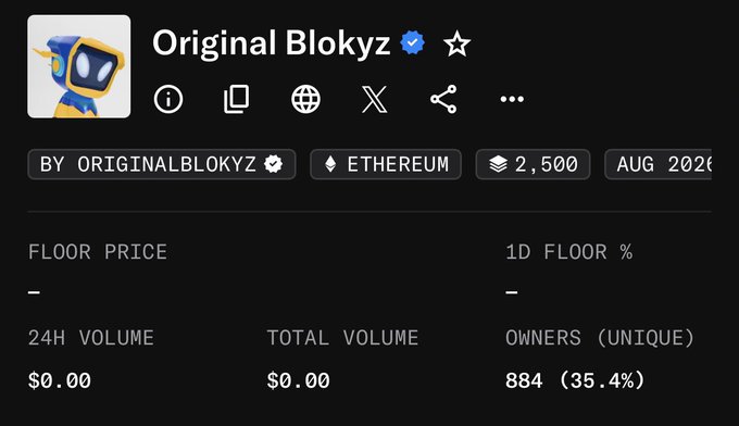 A screenshot of an NFT collection page titled "Original Blokyz" shows zero volume, 884 unique owners (35.4%), and a total supply of 2,500 on Ethereum.