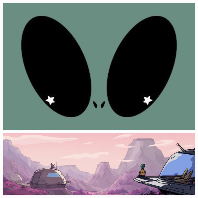 A comic panel showing a green alien face with large black eyes and small white stars reflecting in them, above a panel depicting a futuristic landscape with a person standing on a spacecraft looking out at domed habitats.