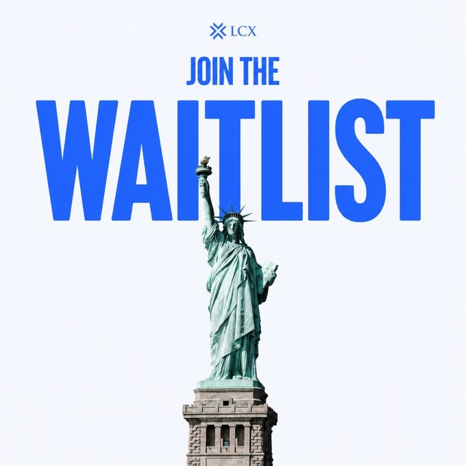 The image features the Statue of Liberty against a pale sky, overlaid with large bold blue text reading "JOIN THE WAITLIST" and the LCX logo at the top. This visually reinforces the post's announcement of LCX Exchange USA's launch, with Lady Liberty symbolizing the platform's U.S. focus and inviting users to sign up for early access.