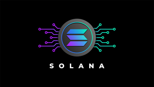 The Solana logo is displayed on a black background, featuring a dark circular emblem with a stylized 'S' in blue and purple gradients, flanked by circuit-like lines extending outward in purple and teal, with 'SOLANA' written below.