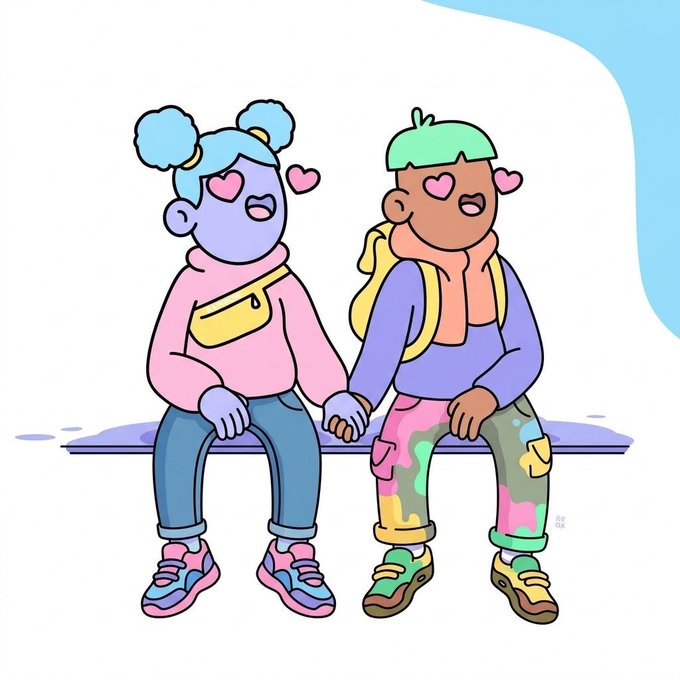 An illustration of a cute cartoon couple with heart-shaped eyes sitting on a bench holding hands, wearing casual streetwear including sneakers and backpacks.