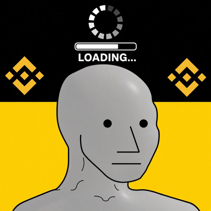 A meme-style image with a black and yellow background features a gray cartoon face under a 'LOADING...' progress bar, flanked by Binance logos.