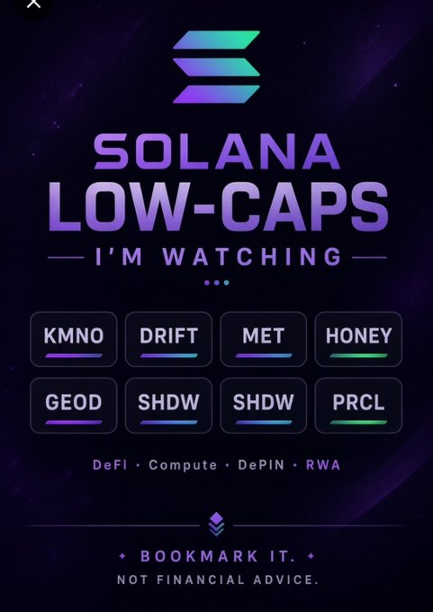 An infographic titled "SOLANA LOW-CAPS - I'M WATCHING" displaying tickers KMNO, DRIFT, MET, HONEY, GEOD, SHDW, SHDW, and PRCL across DeFi, Compute, DePIN, and RWA categories, with a disclaimer "NOT FINANCIAL ADVICE."
