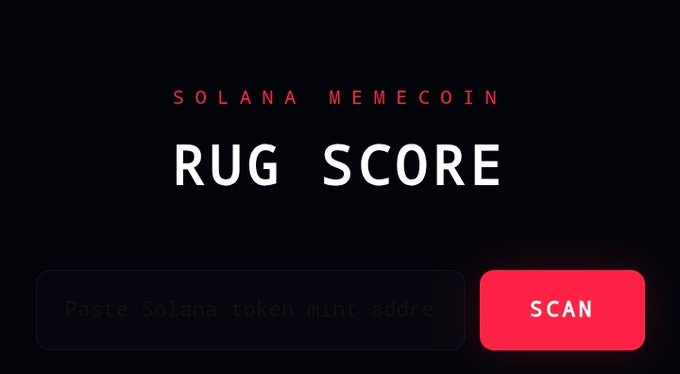 The image shows an advertisement for a rug scoring service called "Rug Score" that uses Solana's Memecoin as its underlying technology. The text on the screen reads "Rug Score", indicating the name of the service, while the red button below it invites users to scan their wallet address and click "scan". This implies that the user is prompted to input their wallet address for the rug scoring application to be run against Solana Memecoin data.