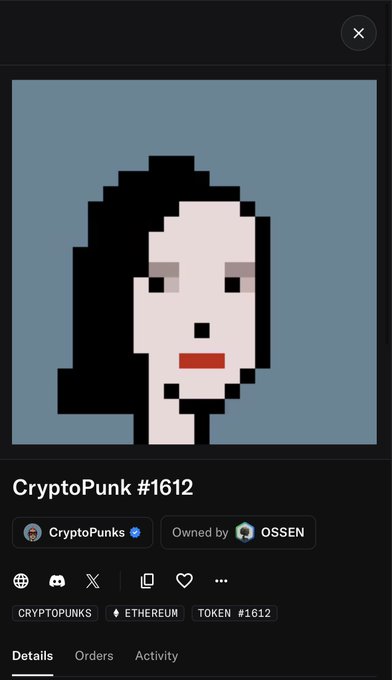 Screenshot of a CryptoPunks NFT listing showing CryptoPunk #1612, a pixel-art portrait of a woman with long black hair, owned by OSSEN.