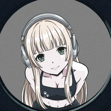 Anime-style illustration of a blonde female character with green eyes wearing headphones and a black top, framed within a circular porthole-like border.