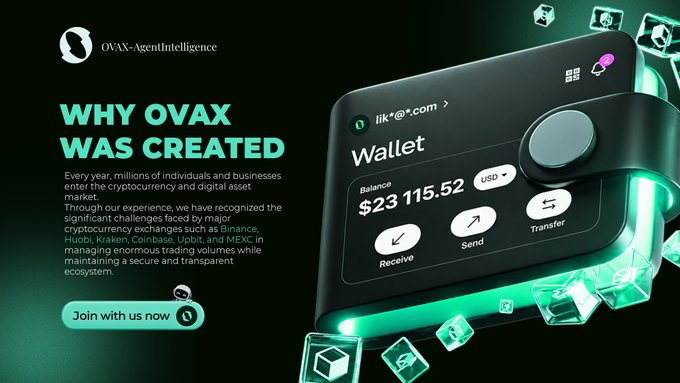 The image shows a promotional graphic for "OVAX-AgentIntelligence" featuring a digital crypto wallet interface displaying a balance of $23,115.52 USD with options to Receive, Send, and Transfer funds, alongside text titled "WHY OVAX WAS CREATED" explaining how major exchanges like Binance, Huobi, Kraken, Coinbase, Upbit, and MEXC face challenges in managing large trading volumes securely, with a "Join with us now" call-to-action button.