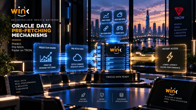 A promotional graphic for 'WIN' decentralized oracle network showing 'ORACLE DATA PRE-FETCHING MECHANISMS' with features like price feeds, weather data, and instant access, branded with TRON logo.
