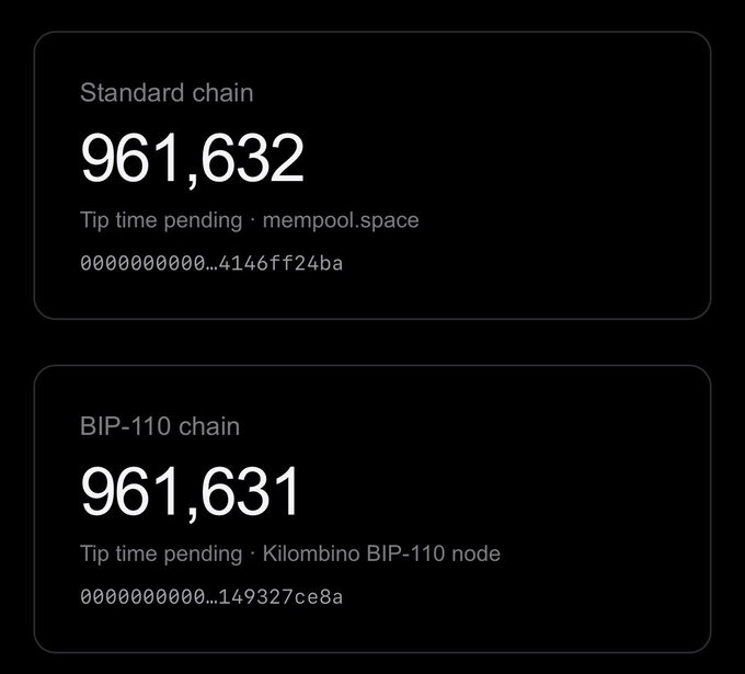 The image displays two block count panels: the "Standard chain" showing block 961,632 and the "BIP-110 chain" showing block 961,631, both labeled as "Tip time pending" from mempool.space and a Kilombino BIP-110 node respectively. This illustrates the post's claim that the BIP-110 fork chain is one block behind the standard chain, as the first block of the BIP-110 chain did not signal for the proposed change.