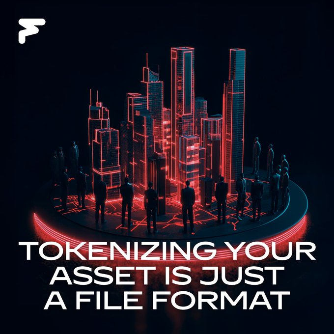 The image features a dark, futuristic cityscape rendered in glowing red wireframe lines on a circular platform, surrounded by silhouetted figures in business attire observing the skyline. Bold white text at the bottom reads "TOKENIZING YOUR ASSET IS JUST A FILE FORMAT," reinforcing the post's message that creating a token is merely a technical step, while the real value lies in the strategic framework—distribution, audience, and resilience—built around it.