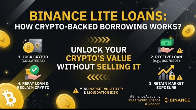 An infographic titled "BINANCE LITE LOANS: HOW CRYPTO-BACKED BORROWING WORKS?" outlines a 4-step process: (1) lock crypto as collateral, (2) receive a loan in USD/USDt, (3) retain market exposure, and (4) repay the loan to reclaim the crypto, while warning of market volatility and liquidation risks.

The image directly illustrates the accompanying post's explanation of crypto-backed borrowing, showing how users can unlock cash value from their Bitcoin or other digital assets without selling them through Binance's Lite Loans service.