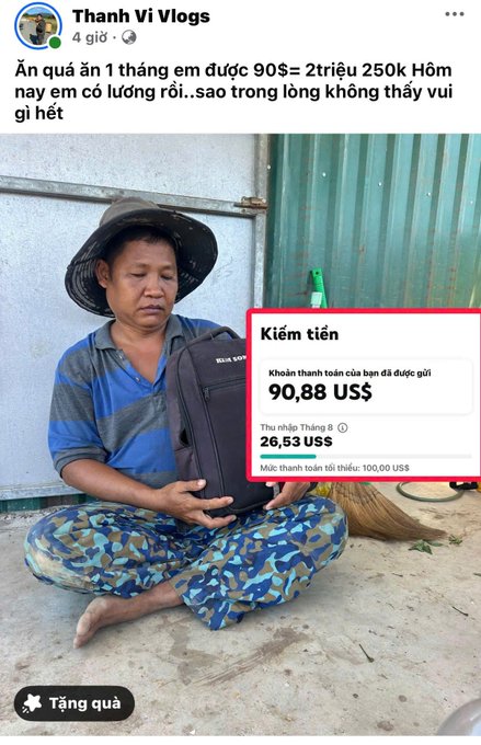 A Vietnamese Facebook post by 'Thành Vi Vlogs' showing a man holding a delivery package, with text about earning 90$ (~2.25 million VND) per garment in a month, and a Binance-style withdrawal notification showing 90.88$ balance.