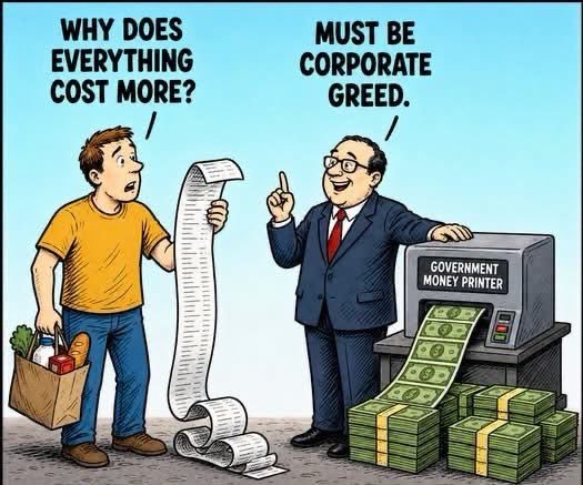 A cartoon shows a frustrated man with a long grocery receipt asking 'WHY DOES EVERYTHING COST MORE?' while a smiling man in a suit next to a 'GOVERNMENT MONEY PRINTER' replies 'MUST BE CORPORATE GREED.'