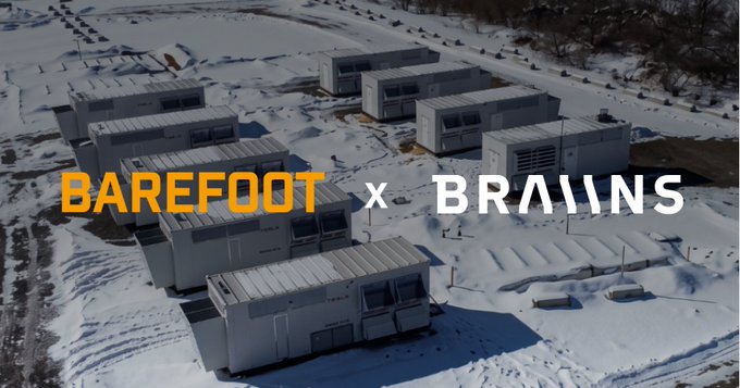 Aerial snowy landscape showing a cluster of modular container-style buildings with the overlay text 'BAREFOOT x BRAIINS'.