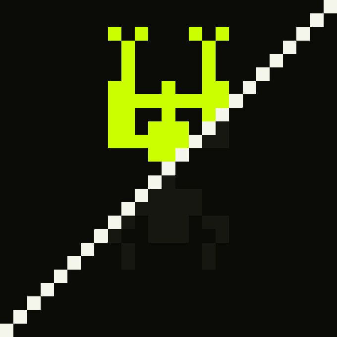 A pixel art image on a black background showing a green Space Invaders-style alien character with a diagonal white line crossing through it.