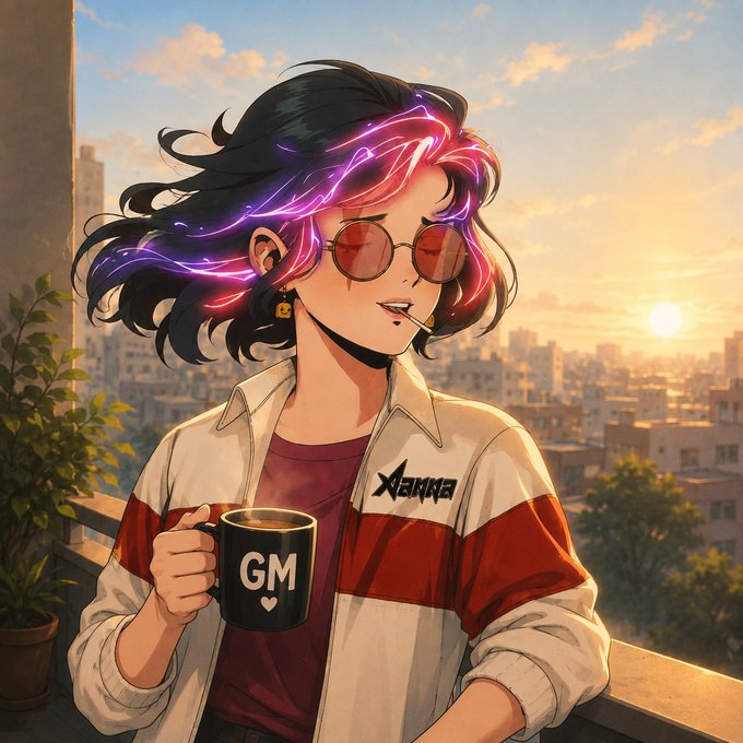 An anime-style illustration of a stylish young woman with glowing purple and pink hair, round sunglasses, and a red and white jacket, holding a black 'GM' mug while looking out over a cityscape at sunset.