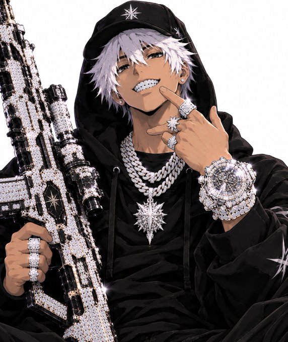 An anime-style illustration of a character with white hair wearing a black hooded outfit, covered in diamond jewelry including necklaces, rings, and watches, while holding a large diamond-encrusted gun.