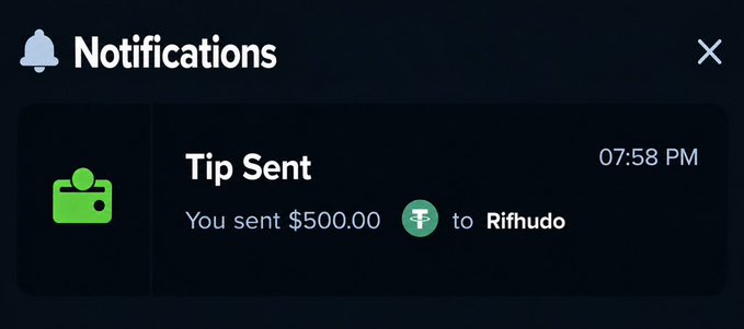 A screenshot of a notification confirming a $500.00 tip sent to "Rifhudo" via Cash App at 07:58 PM, serving as visual proof of the $500 tip giveaway mentioned in the post.