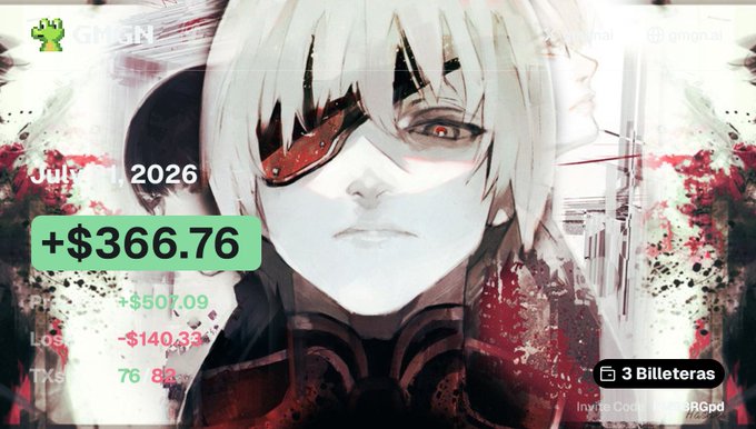 A screenshot of a crypto wallet interface dated July 1, 2026, showing a profit of +$366.76, overlaid with an anime character with white hair and red eyes.