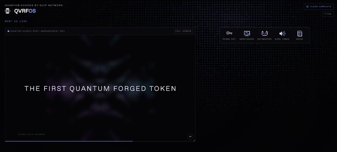 A dark-themed webpage for QVRFOS displaying the text 'THE FIRST QUANTUM FORGED TOKEN' along with a video player.