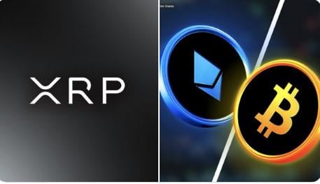 The image features two coins, one labeled "XRP" and the other a "bitcoin", both with logos of different colors - blue and yellow respectively. The text "XRP ETFs Draw Record Inflows for Third Straight Week" is written below them. This suggests that the XRP coin has been performing well recently, drawing in record inflows compared to its counterpart, Bitcoin.