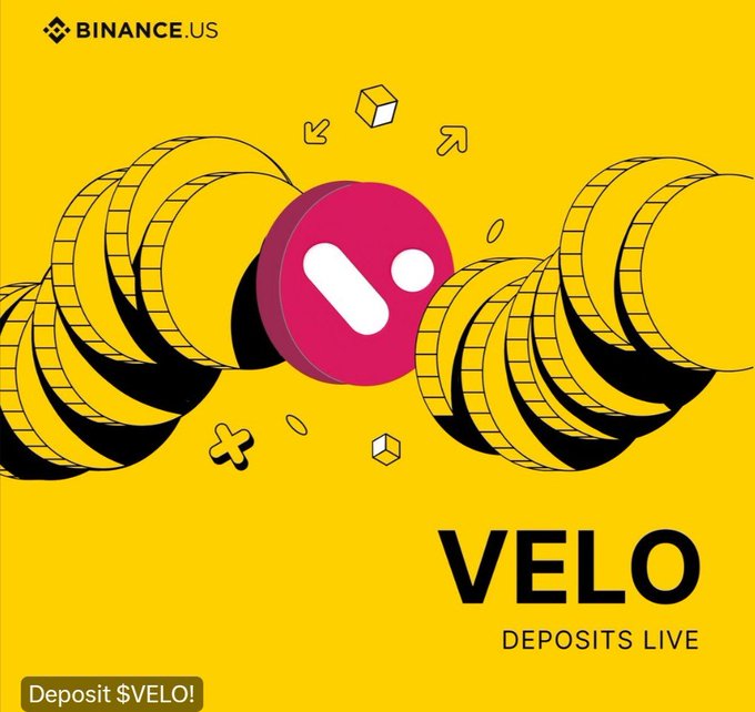The image is a Binance.US promotional graphic announcing VELO (Velo Protocol) deposits, featuring a stylized pink "V" logo surrounded by illustrated gold coins on a yellow background, with "VELO DEPOSITS LIVE" and "Deposit $VELO!" text displayed—aligning with the announcement of VELO's listing and upcoming trading on Binance.US starting July 17th.