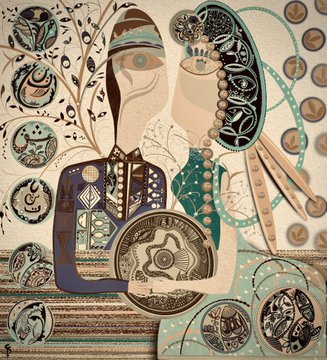 A stylized mixed-media artwork depicting two abstract figures in traditional attire, surrounded by swirling decorative patterns and holding a circular object that reads 'FEDERAL RESERVE BANK OF AMERICA.'
