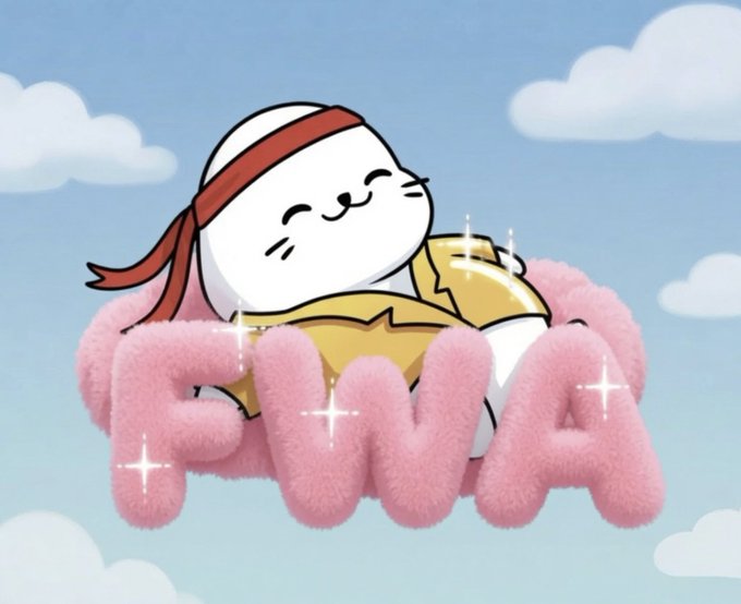 A cute cartoon white cat wearing a red headband and holding a gold object, with pink fuzzy text spelling 'AIMA' overlaid on a light blue sky with clouds.