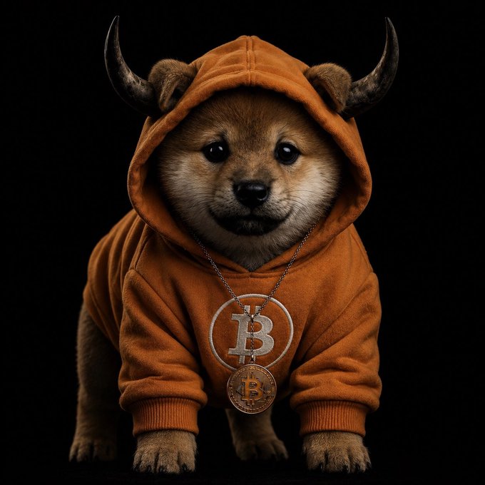 A photo-realistic image of a Shiba Inu puppy wearing an orange hoodie with horns and a Bitcoin pendant necklace against a black background.