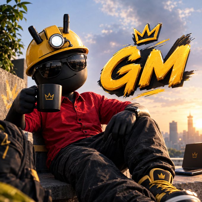 A 3D rendered character wearing a yellow hard hat, sunglasses, a red shirt, and black pants sits holding a black mug with a gold crown logo, with a stylized yellow "GM" logo and crown in the background against a city skyline at sunset.
