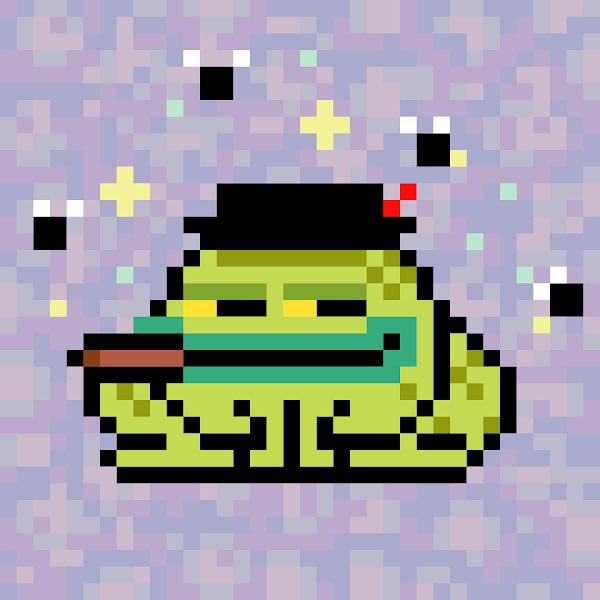 A pixel art illustration of a green frog-like character wearing a black hat and smoking a cigar, set against a pixelated purple and yellow background.