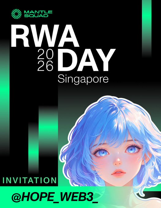 An event invitation poster for 'RWA DAY 2026 Singapore' by 'MANTLE SQUAD', featuring an anime-style illustration of a blue-haired girl and tagged '@HOPE_WEB3_'.