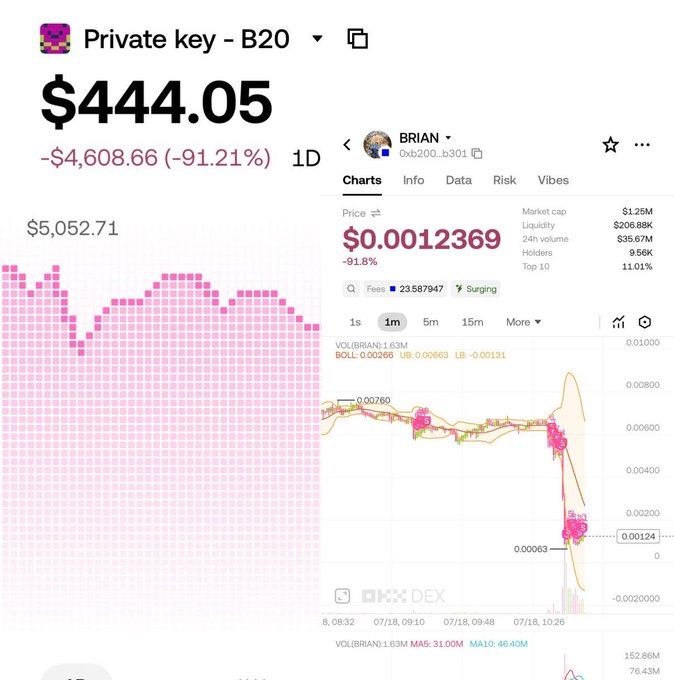 The image shows two crypto charts illustrating heavy losses: "Private key" down $4,608.66 (-91.21%) and "BRIAN" (0xb200...b301) down 91.8% to $0.0012369, with the BRIAN chart showing a sharp collapse from ~$0.00760 to $0.00063. The visuals directly support the post's claim of a ~$4,600 loss in 24H after the Base founder changed their avatar to the BRIAN token image, which traders across Vietnamese and Korean communities chased to its peak.