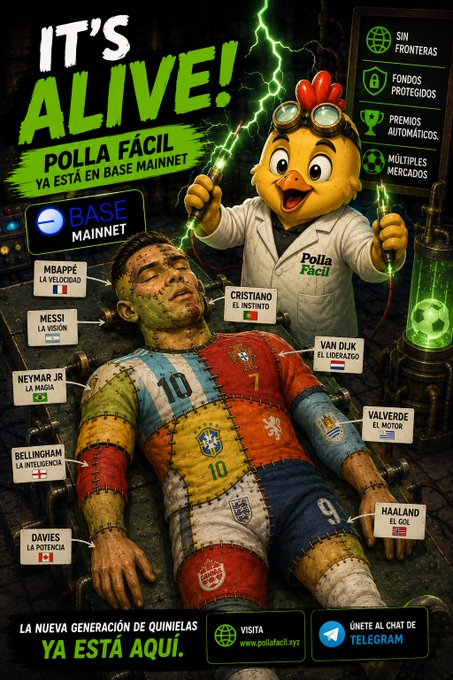 The image features a cartoon illustration of a man lying down with his body covered in patches or cloths that resemble a football player's uniform. The man appears to be dead, but he has been given life by a green light or a similar object. The poster also includes text about a new game called "It's Alive!" and the game's features such as Base, Midde, and Polla Facil.
