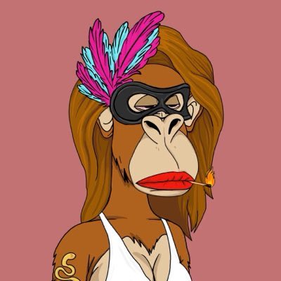 A cartoon ape NFT character with pink and blue feathers in her hair, a black eye mask, red lipstick, and a rose in her mouth, set against a pink background—perfectly fitting the bullish NFT spirit of @aspenshredder's post.