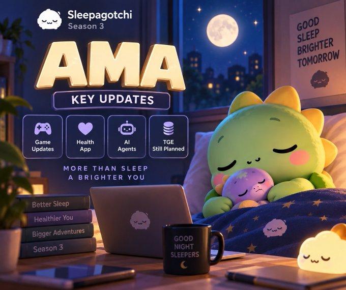 A promotional graphic for "Sleepagotchi Season 3 AMA," featuring a cute green dinosaur plushie in a starry night setting alongside update icons for "Game Updates," "Health App," "AI Agents," and "TGE Still Planned."