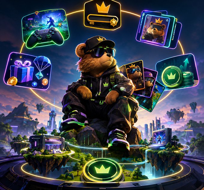 AI-generated digital illustration of a teddy bear wearing sunglasses and streetwear, sitting on a floating island surrounded by gaming and crypto-themed icons like controllers, cards, and coins.