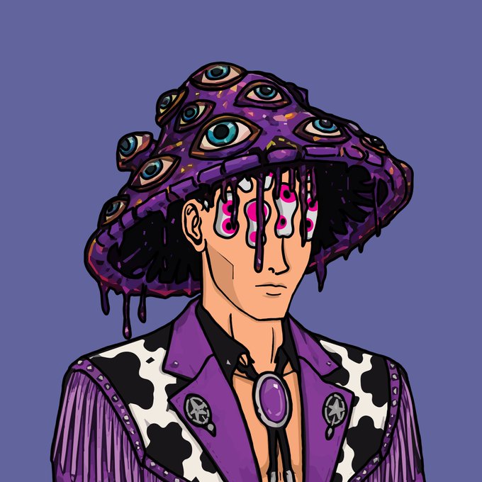 A stylized digital illustration of an anime character wearing a purple hat covered in eye designs, with melting/dripping effects, paired with a purple and black cow-print western jacket and bolo tie.