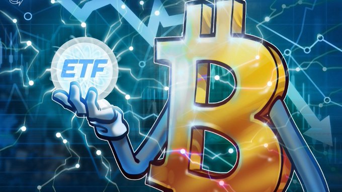 A vibrant digital illustration of a cartoon Bitcoin character holding a glowing coin labeled 'ETF' against a background of financial charts and network connections.