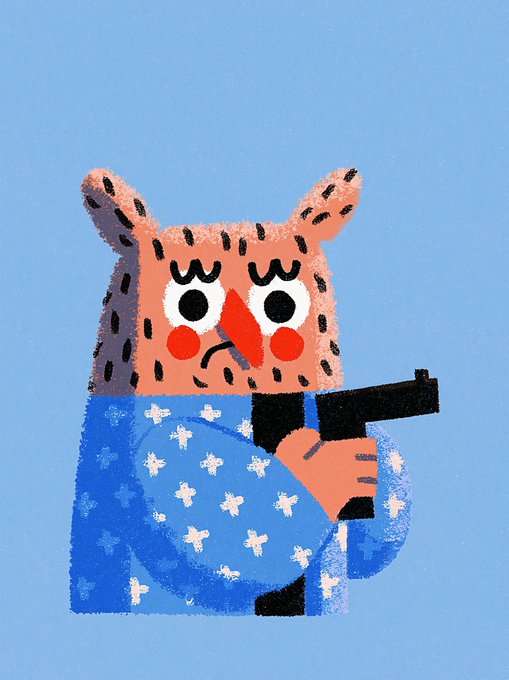 A grumpy-looking illustrated owl in a blue patterned robe holds a gun, looking unamused—perhaps a humorous reaction to the idea of resuming collaborations. The owl's displeased expression and weapon-wielding pose suggest reluctant readiness (or outright resistance) to "collabs" picking back up.