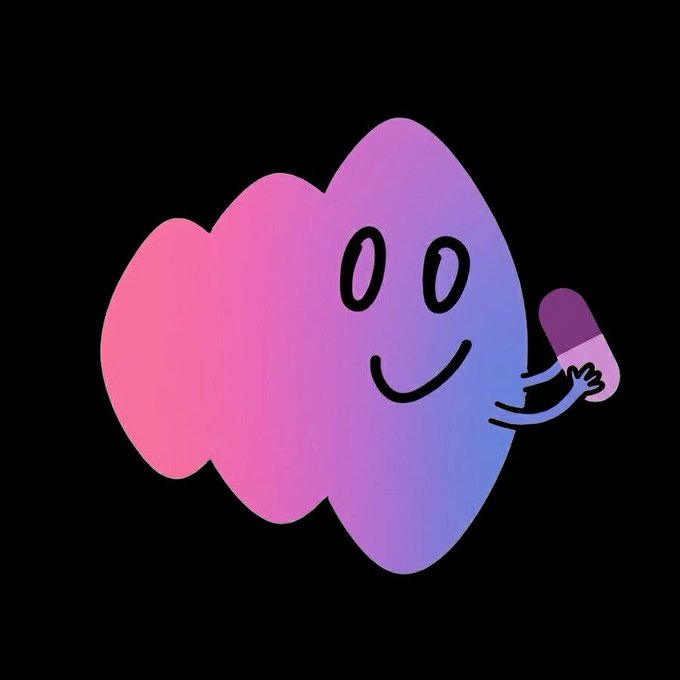 The image features a cartoon-like character with a smiley face holding a pill bottle. The character appears to be happy or excited about taking the pill. The background is black, which contrasts with the colorful character and makes it stand out. The caption below the image reads "One thing I find interesting about crypto is that communities often shape a project long before launch. That'S why I've been exploring @voicehavefun".