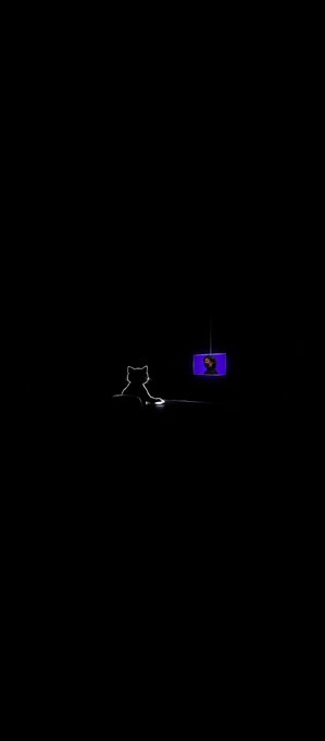 A mostly dark image with a small silhouetted cat character on a laptop near a glowing purple cube in the center.