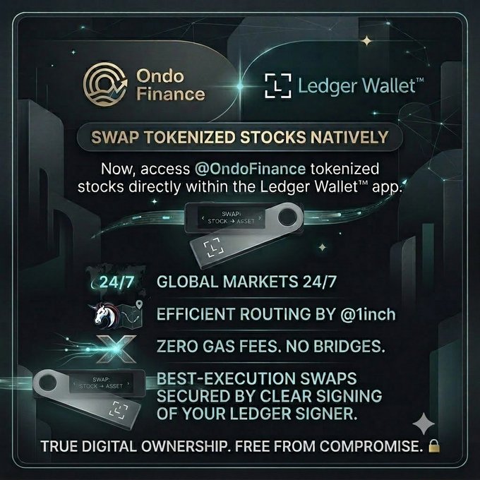 The image features an advertisement for a cryptocurrency wallet service called Ledger Wallet. The advertisement showcases the benefits of using Ledger Wallet, such as tokenized stocks and efficient routing by @1inch. It also highlights that the wallet offers a true digital ownership experience with no need to promise anything in return.