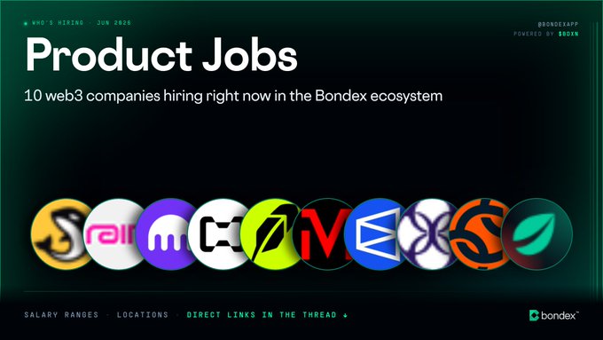 The image shows a poster for job openings at the Bondex ecosystem. The poster features a list of companies that are hiring web developers or product managers, along with their respective locations and contact information. The text on the poster indicates that there are 10 companies currently hiring in this field, and it is open to anyone interested in applying.