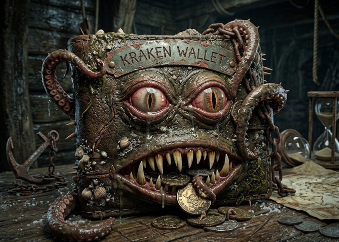 A detailed digital artwork of a grotesque, monstrous creature labeled "KRAKEN WALLET" with multiple eyes, sharp teeth, tentacles, and coins scattered around it.