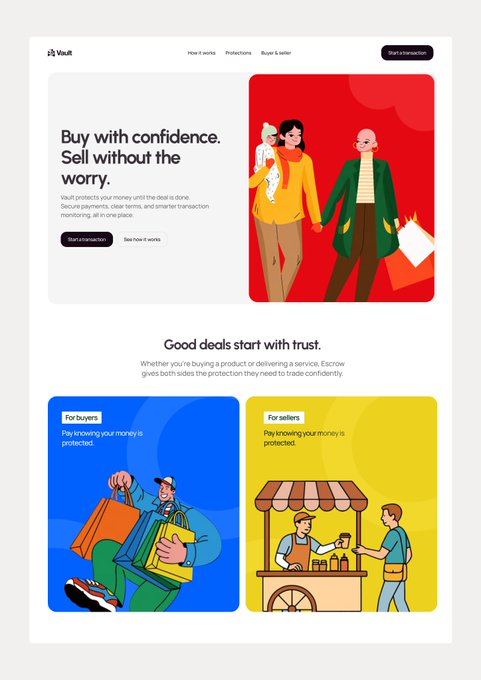 A landing page for 'Vault' features the headline 'Buy with confidence. Sell without the worry.' alongside illustrations of people and sections labeled 'For buyers' and 'For sellers'.