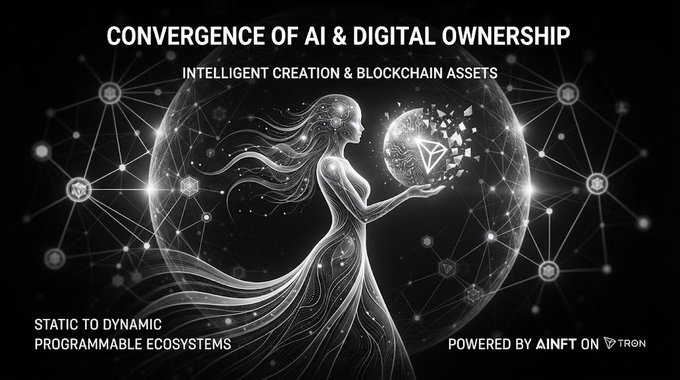A promotional graphic titled 'CONVERGENCE OF AI & DIGITAL OWNERSHIP' featuring a stylized woman holding a TRON emblem, with text 'POWERED BY AINFT ON TRON' and 'STATIC TO DYNAMIC PROGRAMMABLE ECOSYSTEMS'.